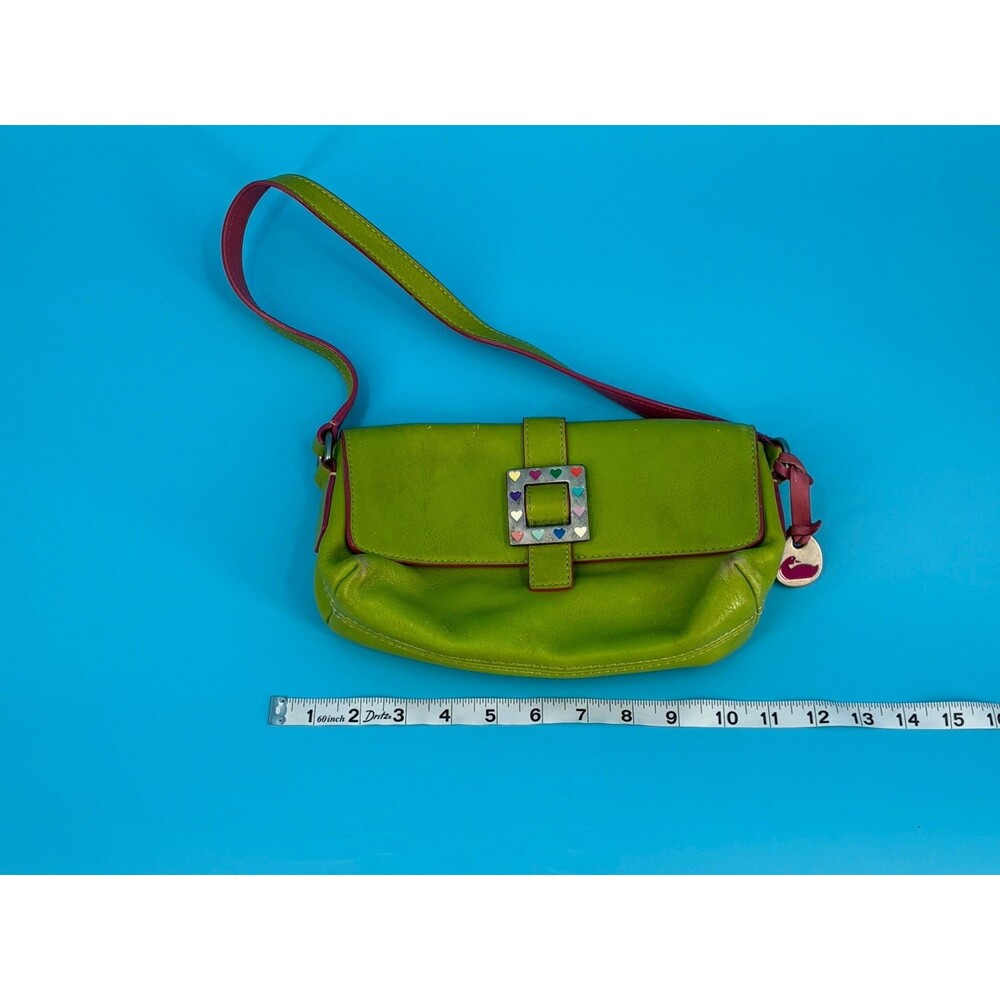 Vintage Dooney & Bourke Y2K Lime Green Pink Leather Heart Buckle Shoulder Bag
